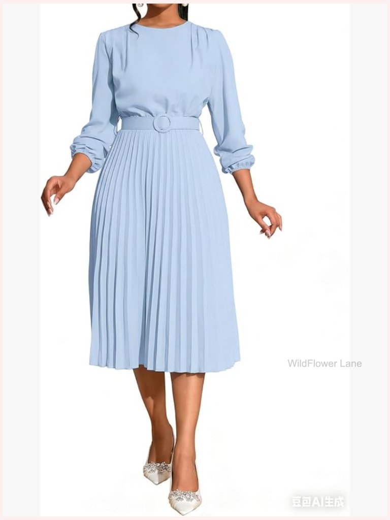 Long Sleeve Pleated Midi Dress Semi Formal Business Casual Wedding Guest